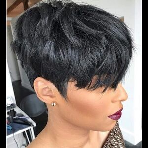Human Hair Short Wigs Pixie Cut with Bangs Short Black Layered Wavy 1B Color